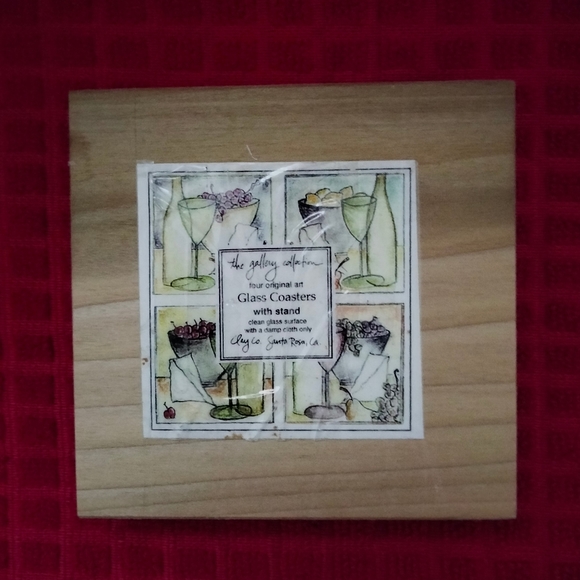 Artisian Glass Coasters Set 4 Martini Themed Bar Cork Back With Stand - Picture 4 of 8